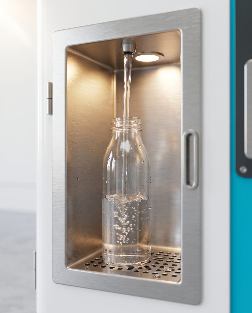 Edelstahl-Ausgabefach der Gooodwater Station, eine Flasche wird befüllt