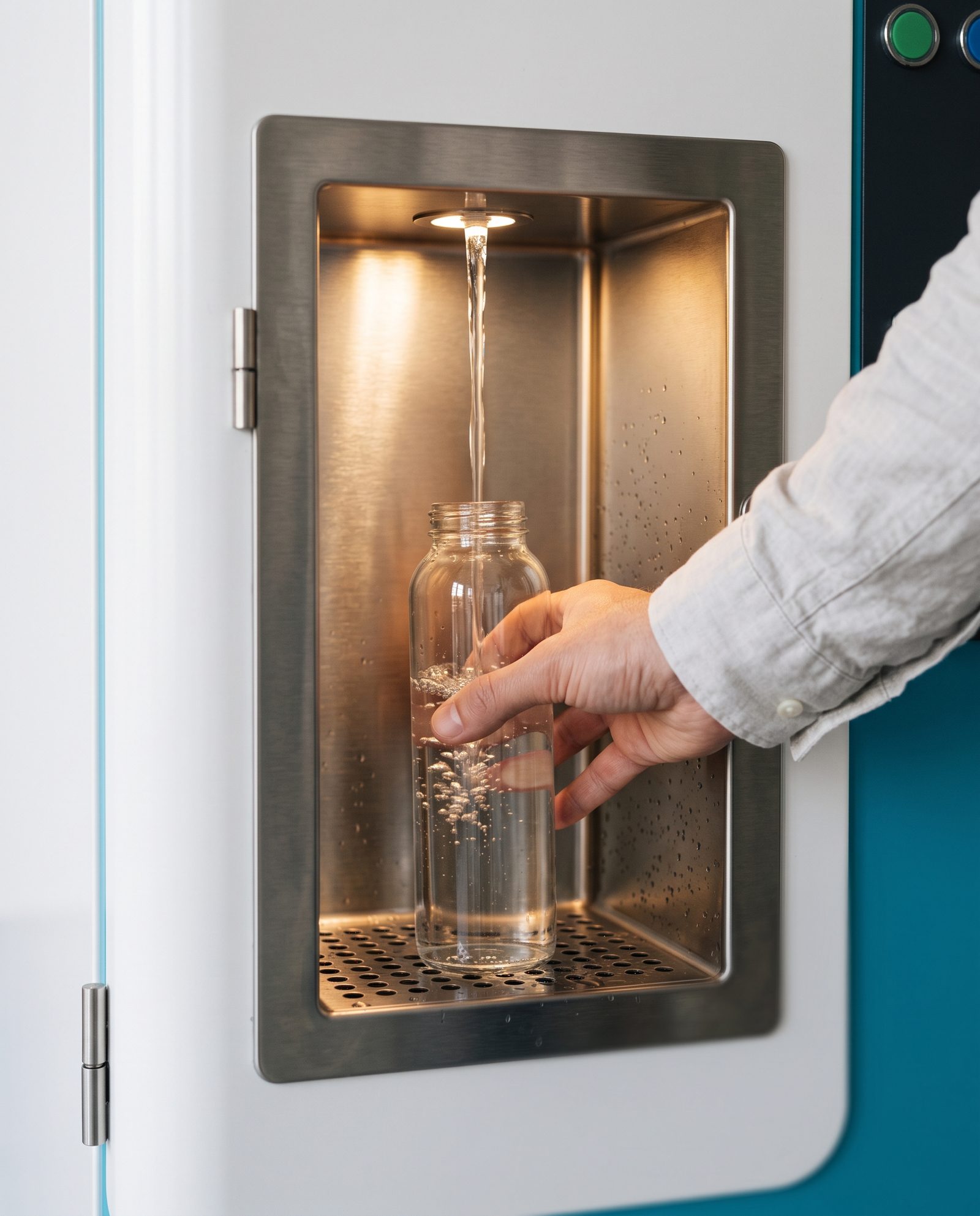 Eine Hand stellt eine Glasflasche in das Edelstahl-Ausgabefach der Gooodwater Station, Wasser läuft ein