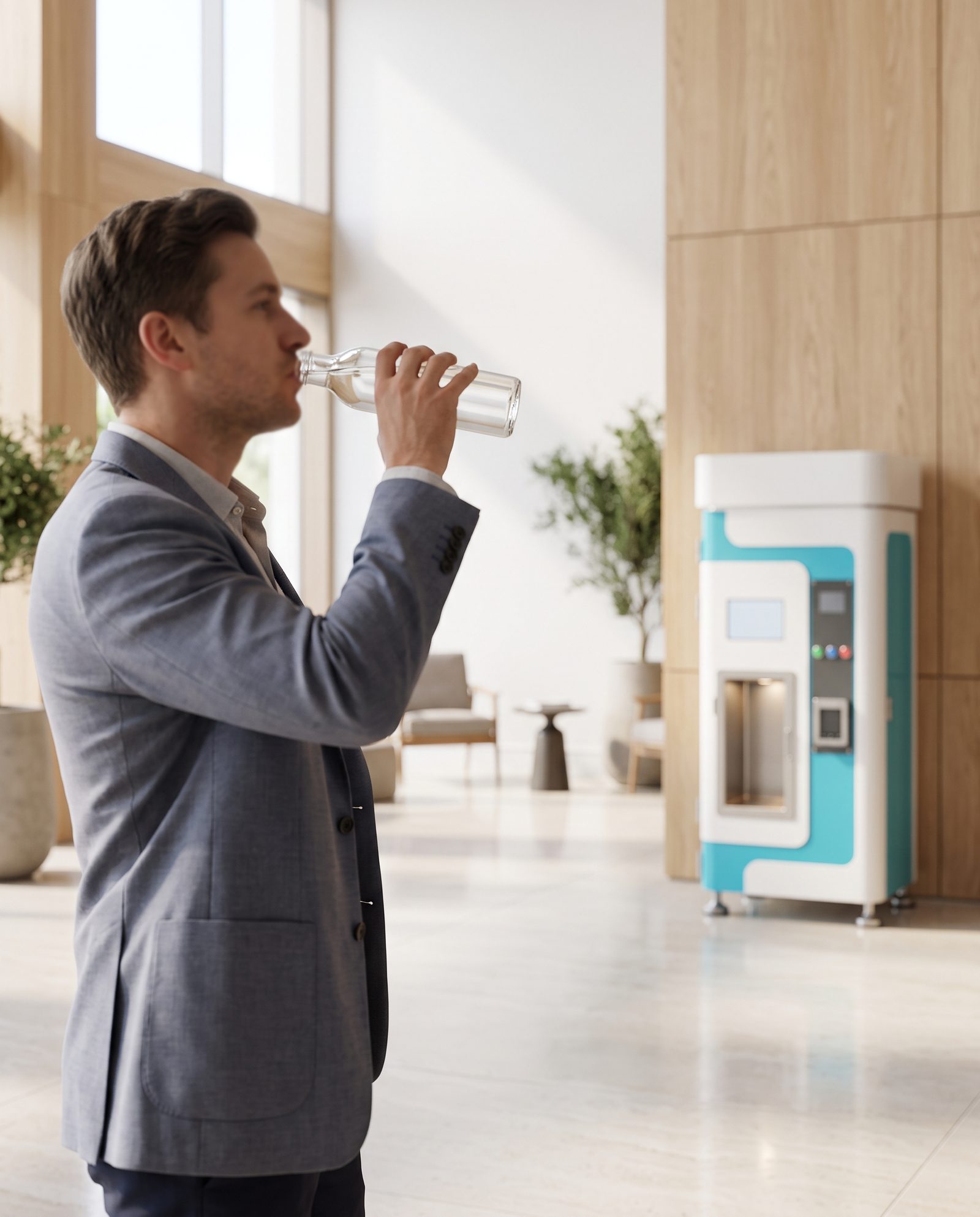 Ein Mann im Blazer trinkt in einem hellen Hotelfoyer aus einer Glasflasche, im Hintergrund die Gooodwater Station