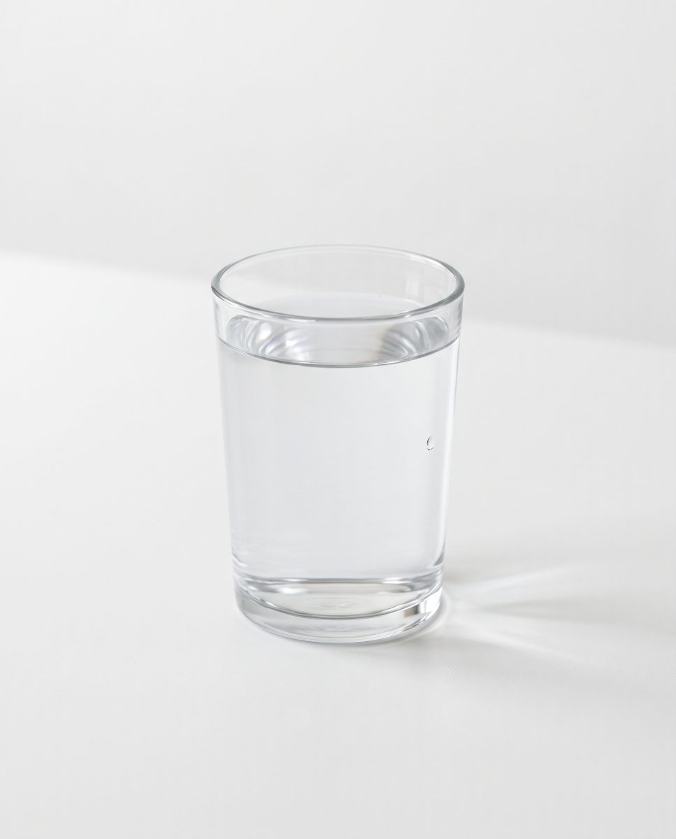 Glas mit Gooodwater auf hellem Grund
